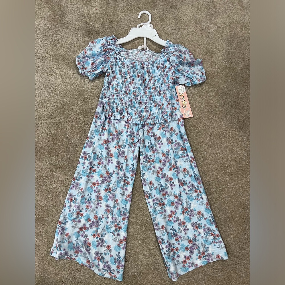 *NWT* Kensie Girl Sz 10 Blue Floral 2 Pc Smocked Crop Top & Wide Leg Pants Set